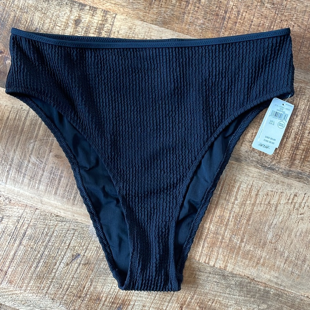 Aerie Swim Bottom Large - Crinkle Cut High Cut Cheeky Black Bikini